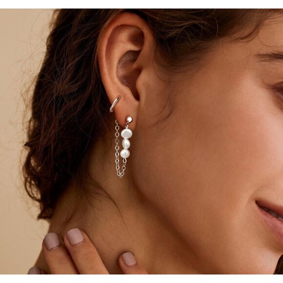 Dainty 14K Gold Plated 4 pearl chain set-SL Hoops Trendy Earring Set for Women - Picture 3 of 9